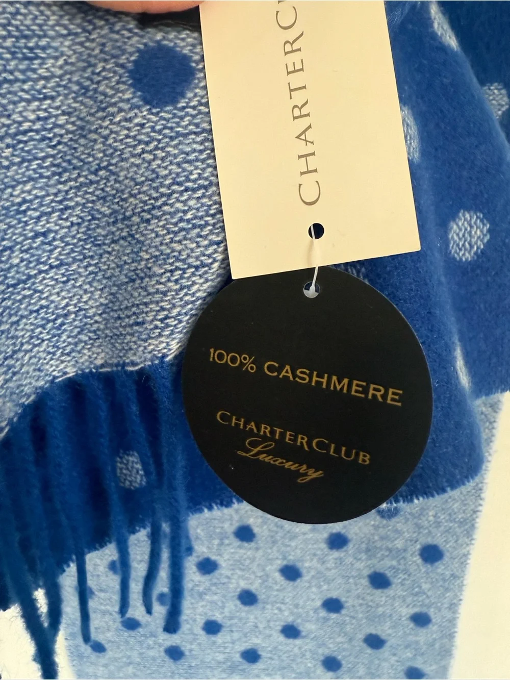 NWT Charter Club Luxury 100% Cashmere reversible Scarf Blue Polka Dot NEW 62x12”